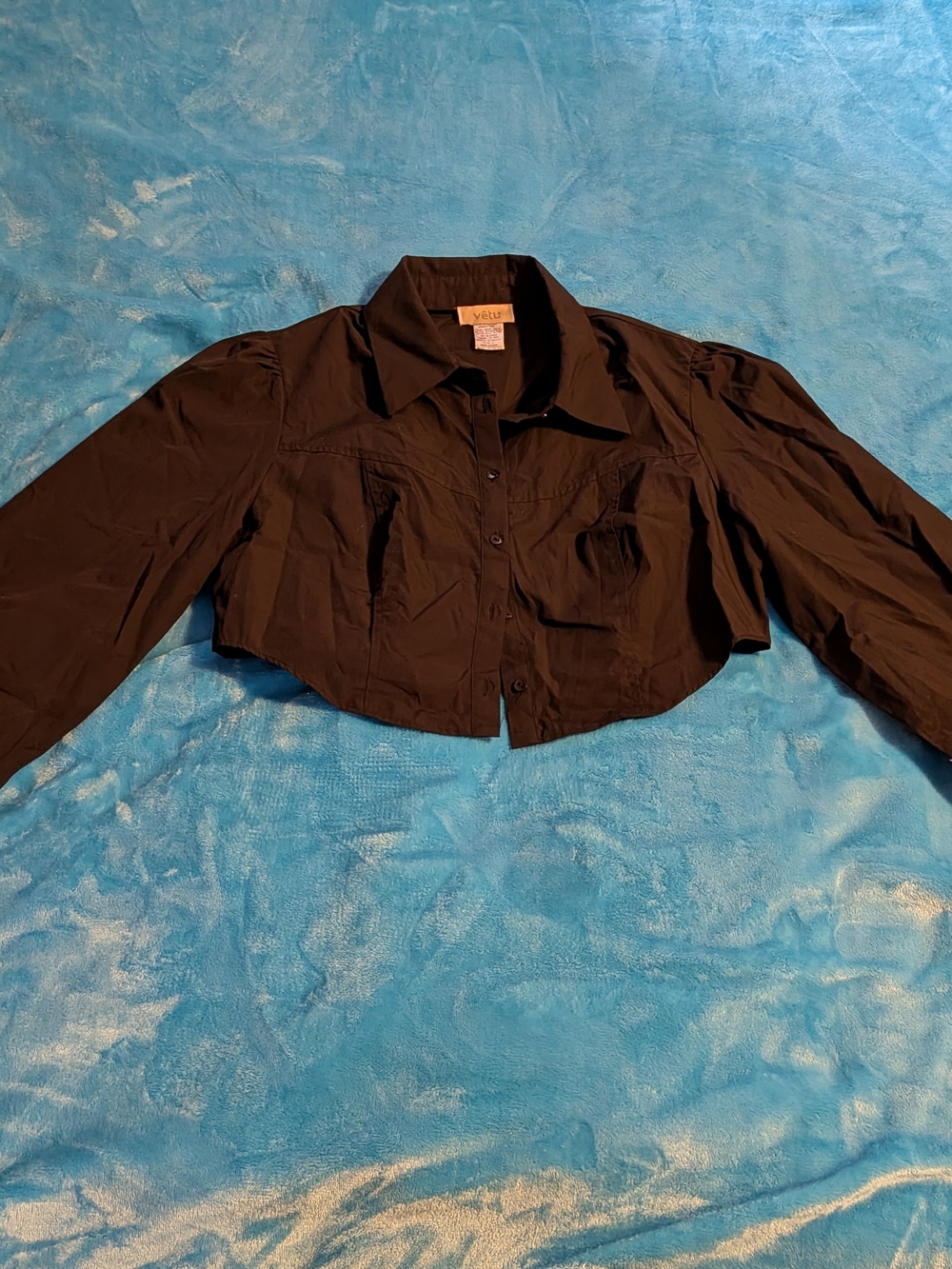 Veto Black Cropped Button-Front Dress Shirt/Blouse, Casual Chic, Edgy Alt, Y2K